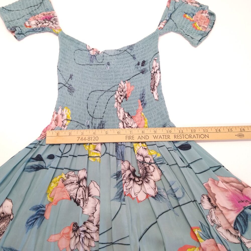 Jaase Floral Off Shoulder Flowing Dress Shirred Boho Teal Medium VGC - Picture 7 of 8